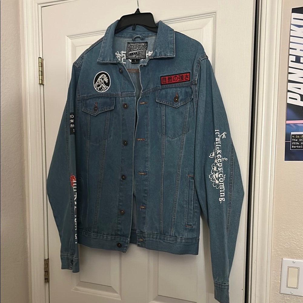 Men's Blue Denim Jacket Vtg Like Japanese Wave Back Graphic